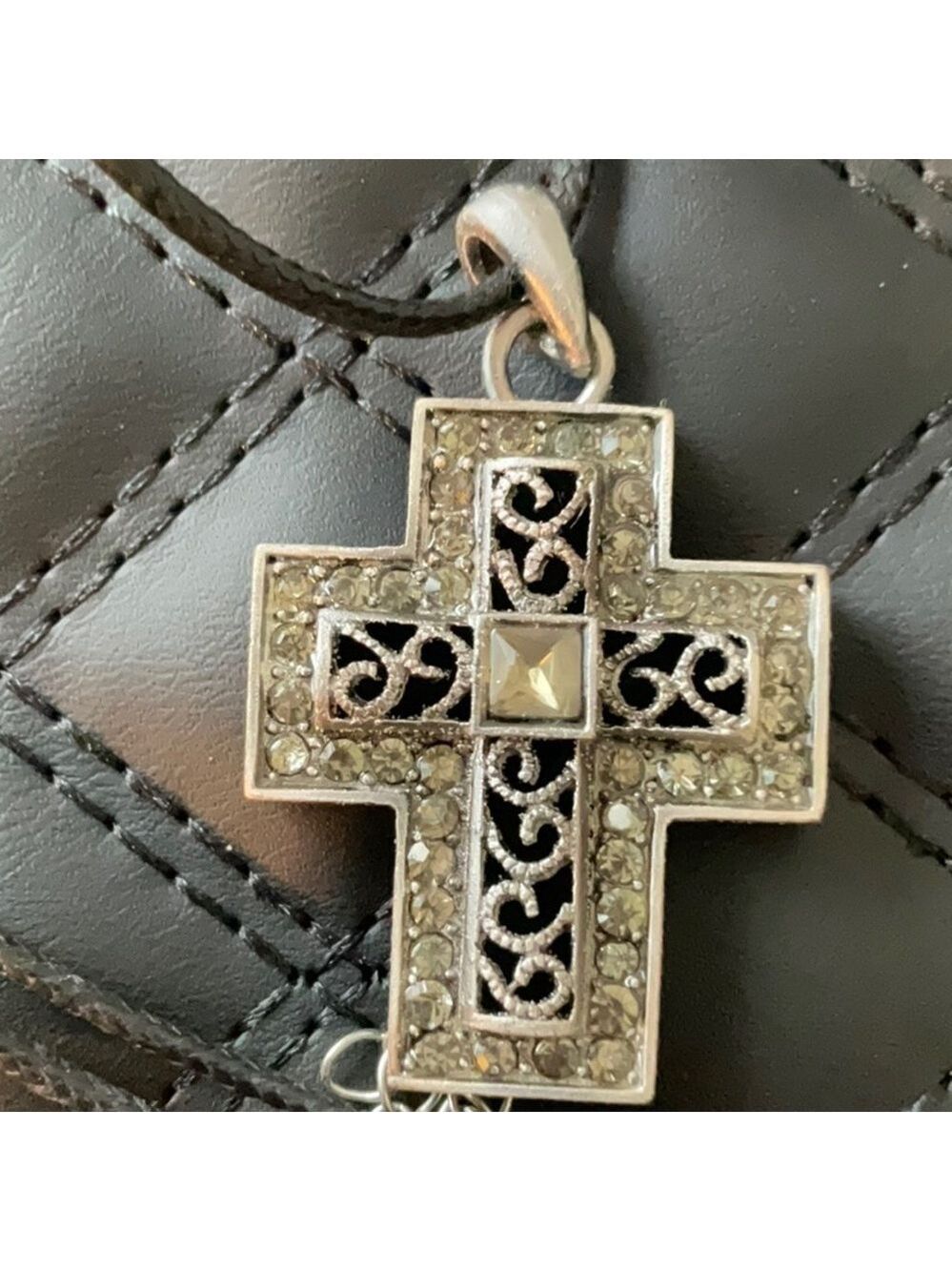 Vintage Filagree Rhinestone Cross Black Leather Necklace